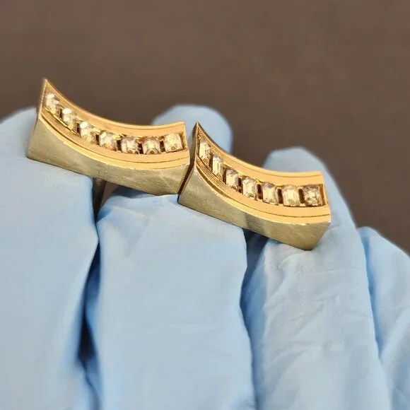 Vintage Swank Cufflinks Baguette Clear Rhinestone Gold Tone Rectangle Curved MCM - Picture 10 of 11